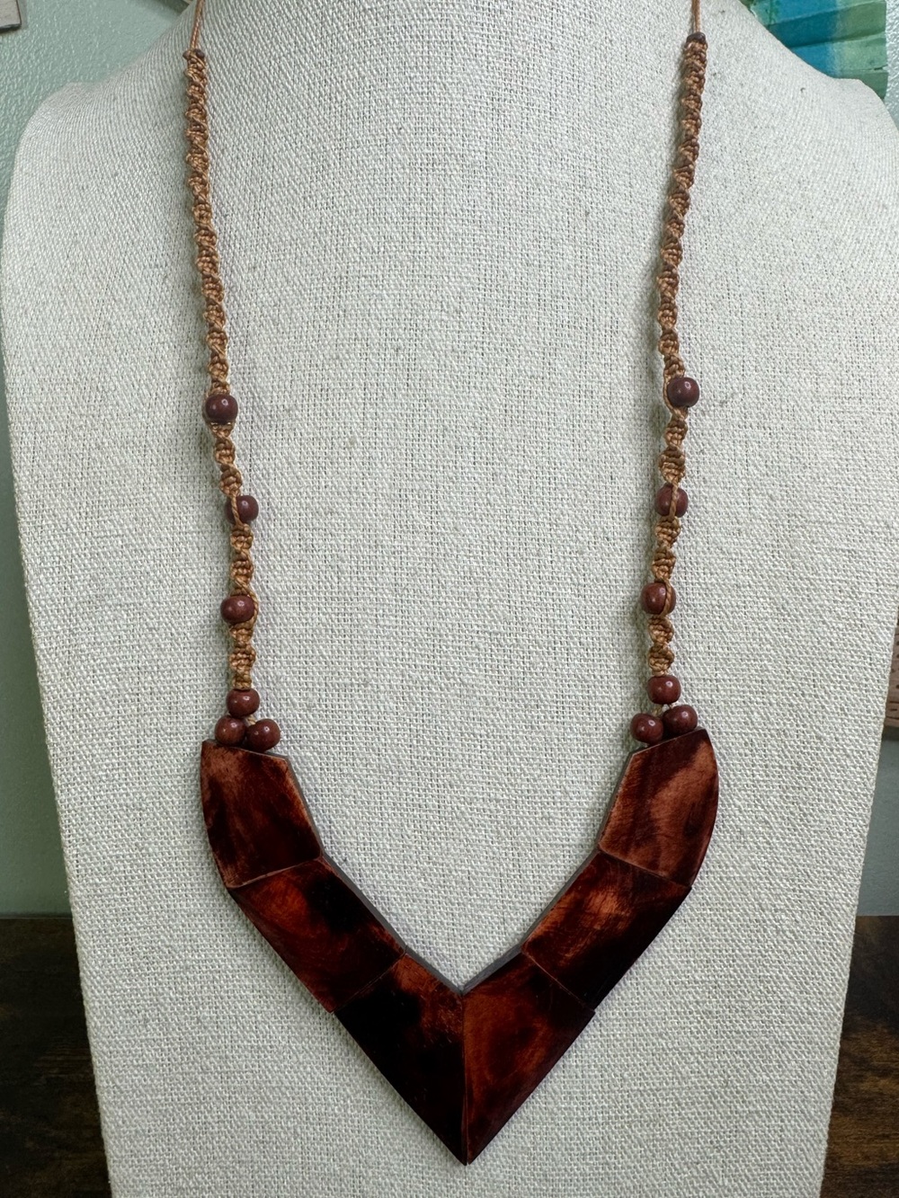 Hand Crafted Rich Brown V-Shaped Wooden Pendant Necklace